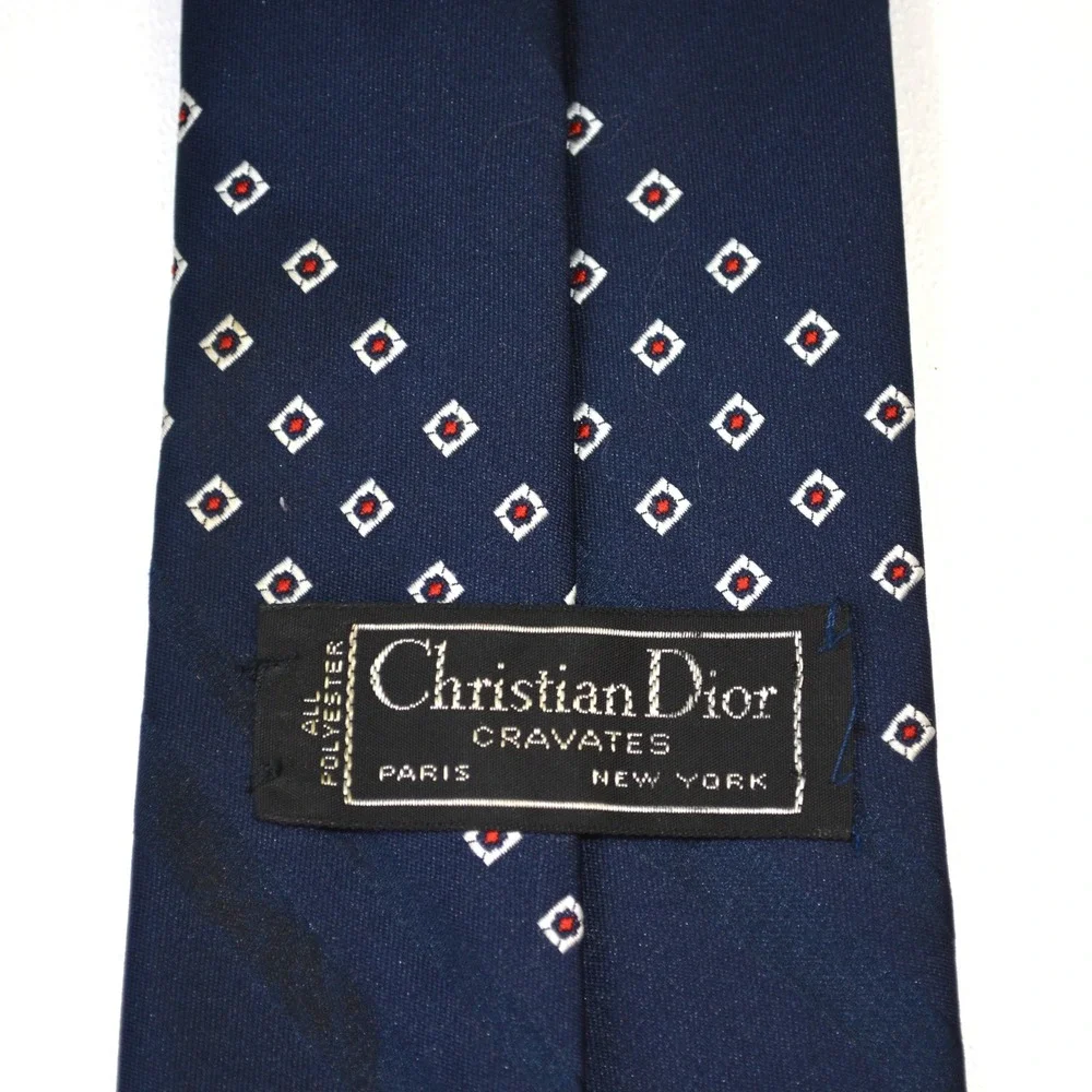 Christian Dior Cravates Mens Navy Blue Geometric Square Pattern Polyester Tie